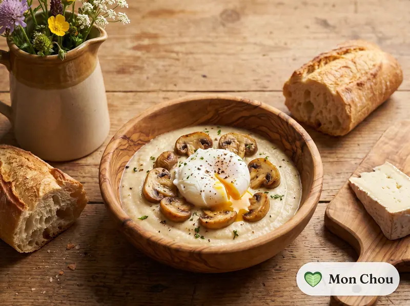 Purée de céleri, champignons poêlés et œuf poché