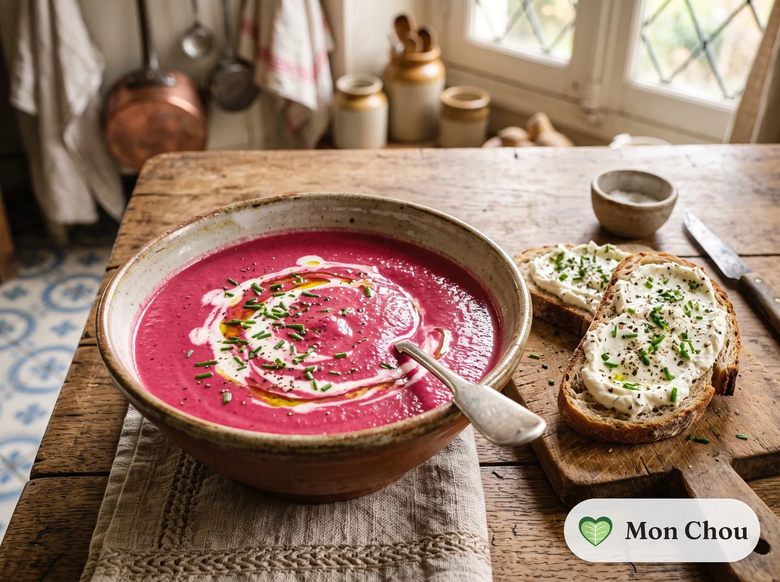 Velouté de betterave et tartines au fromage frais