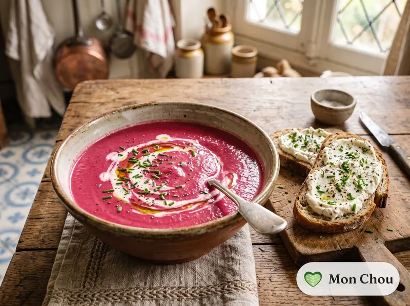 Velouté de betterave et tartines au fromage frais