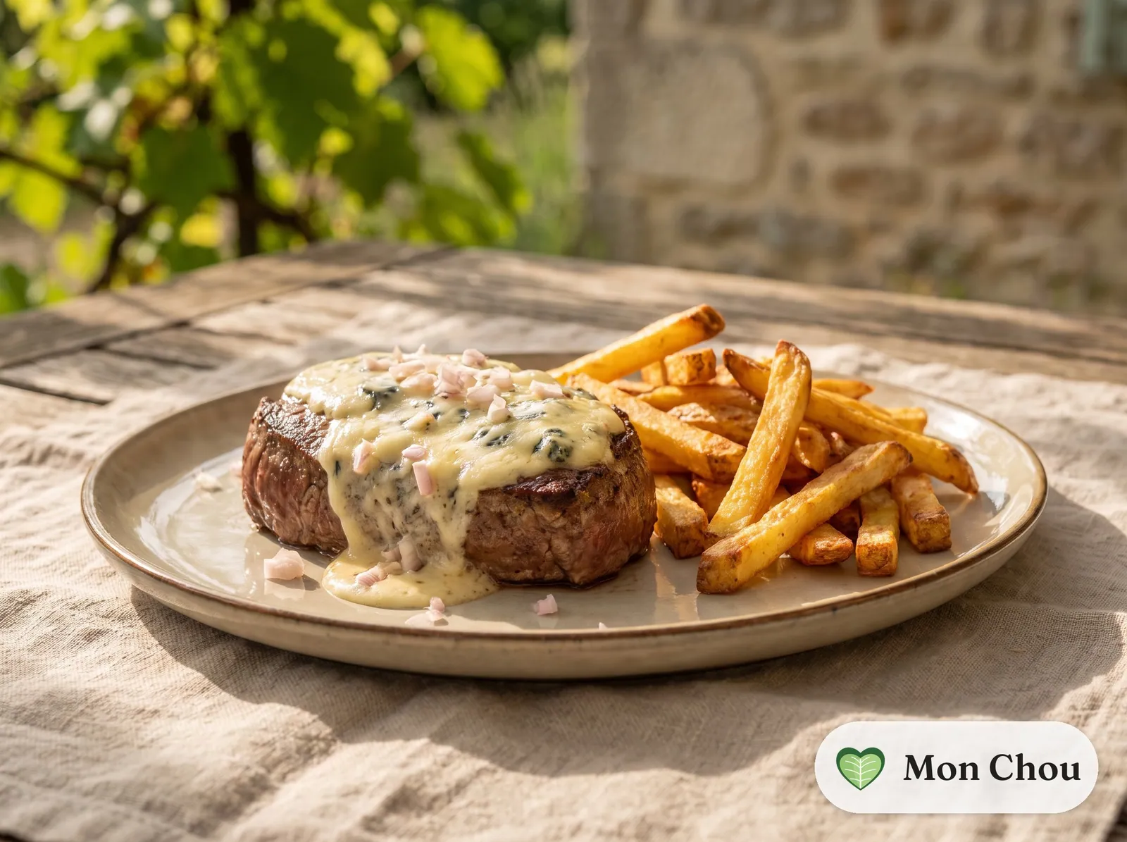 Rinderstück mit Blauschimmelkäsesauce und Ofenpommes
