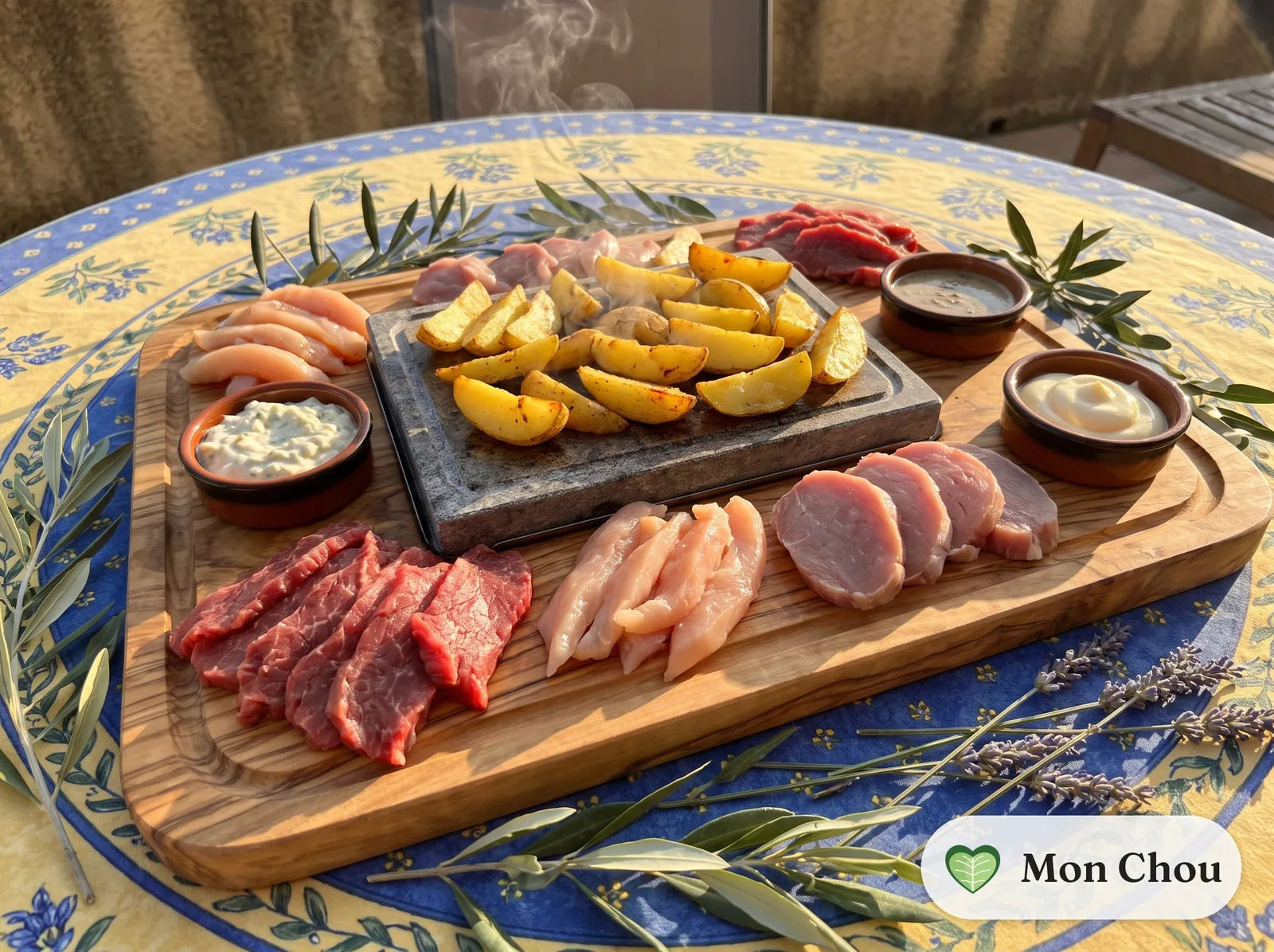 Stone grill with meats and potatoes
