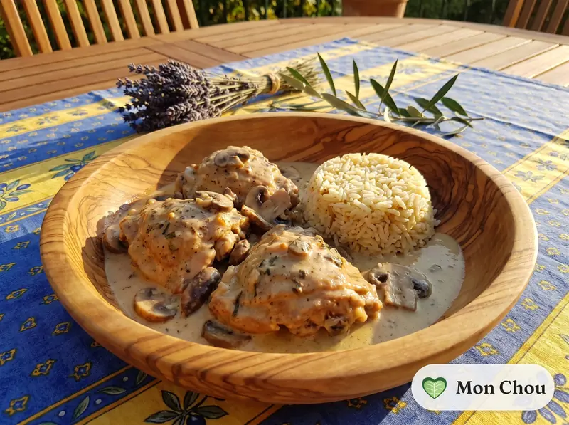 Poulet à la crème façon Bresse et riz pilaf