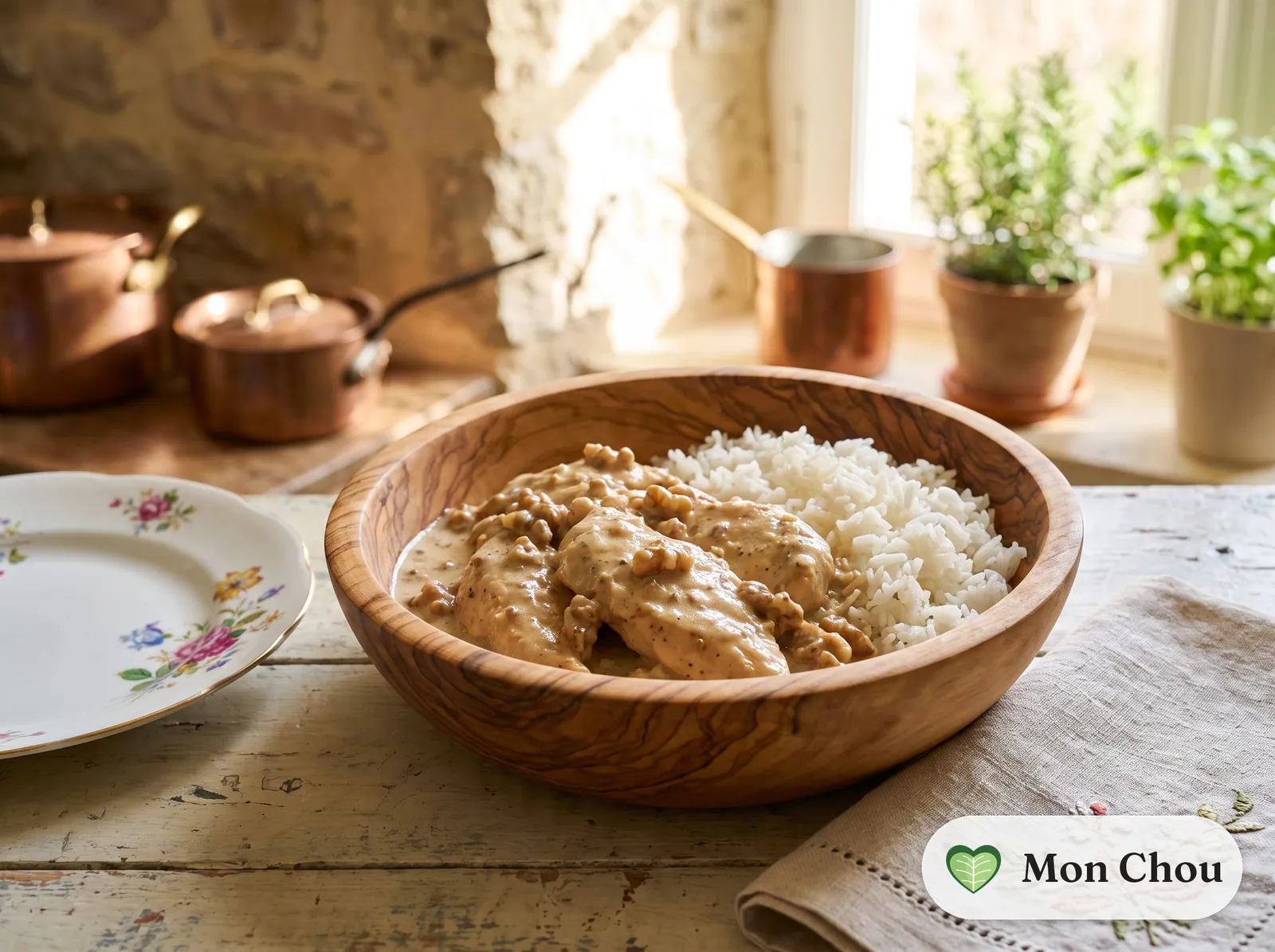 Poulet aux noix de Grenoble et riz
