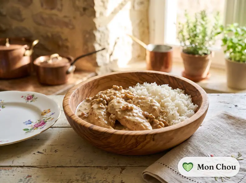 Poulet aux noix de Grenoble et riz