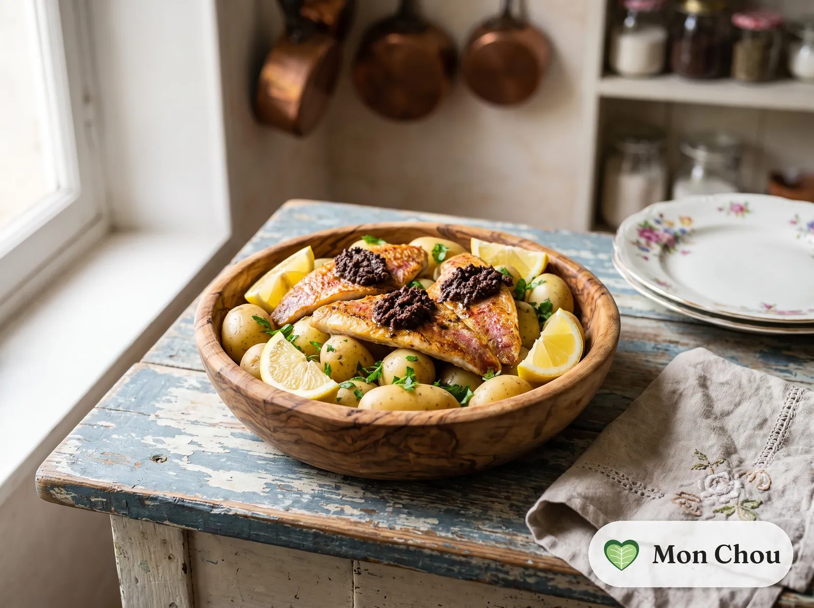 Filets de rouget à la tapenade et pommes vapeur