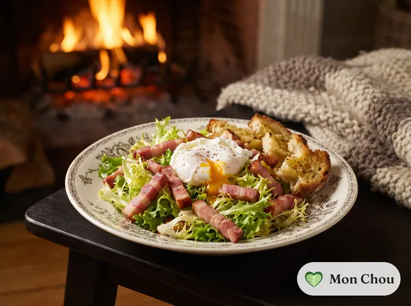 Salade lyonnaise aux lardons et œuf poché