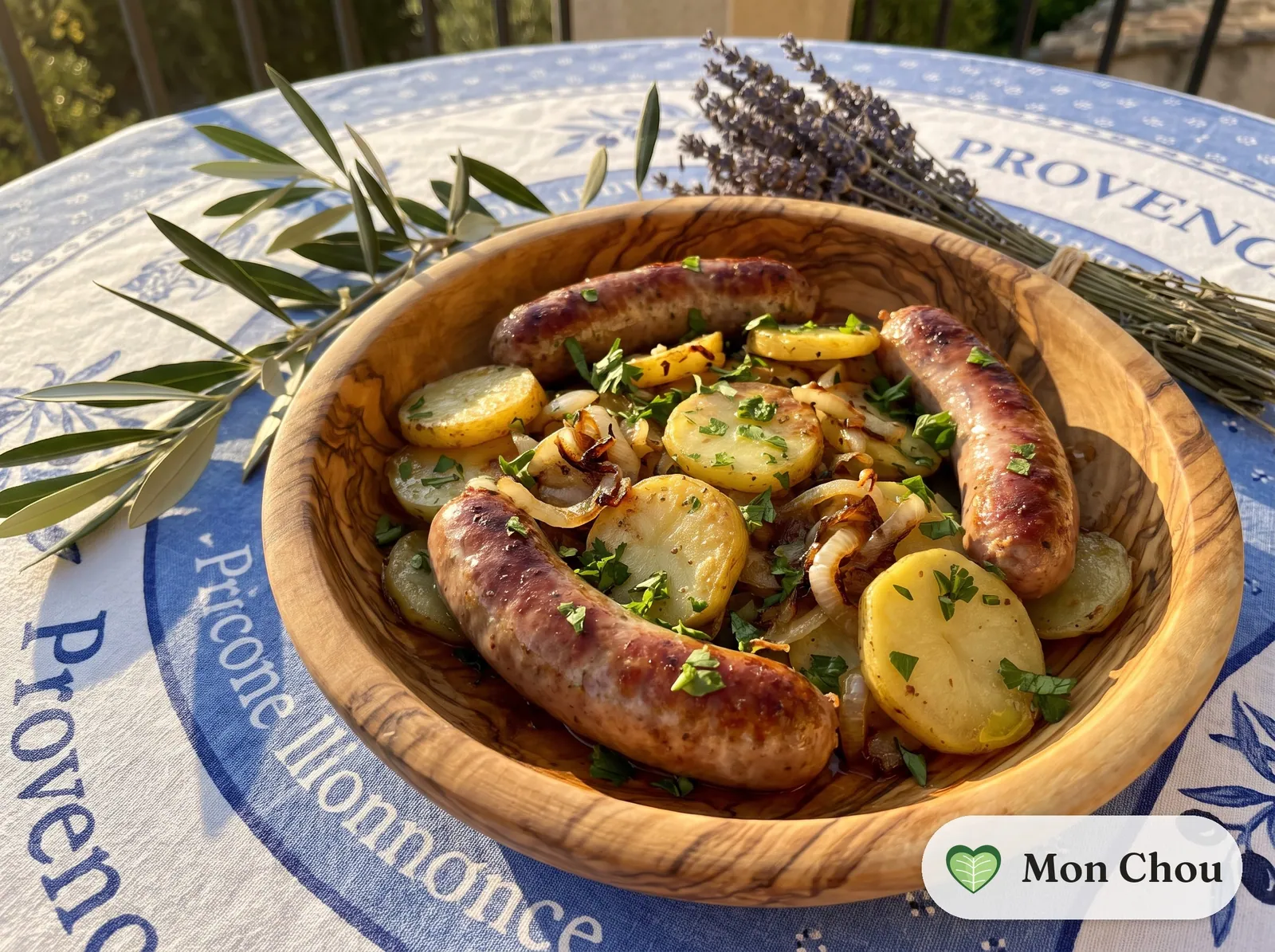 Saucisses grillées et pommes de terre lyonnaises