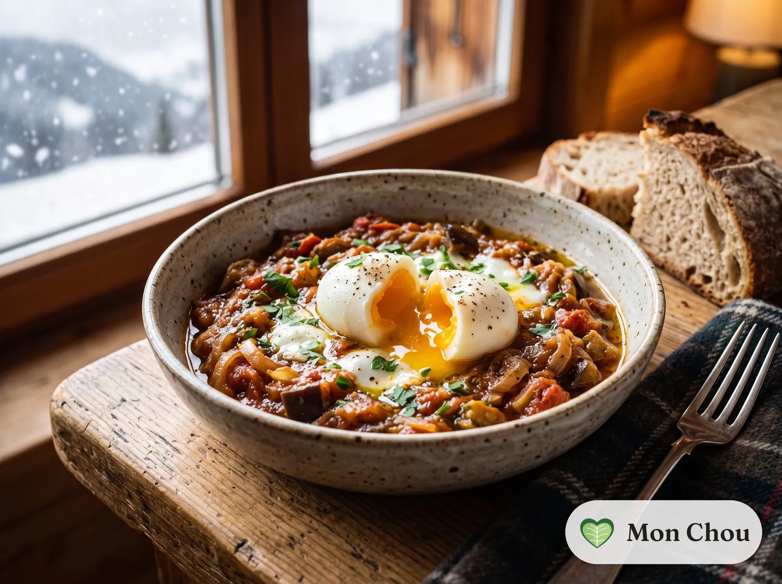 Eggplant and tomato bohémienne with soft boiled eggs