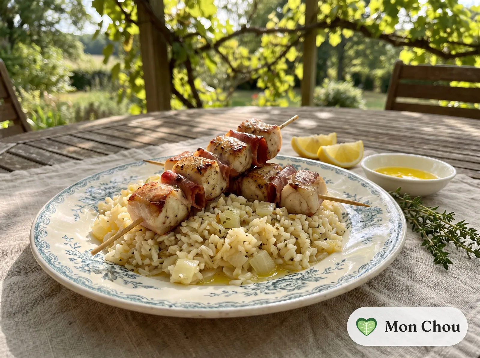 Brochettes de lotte au jambon de Bayonne et riz