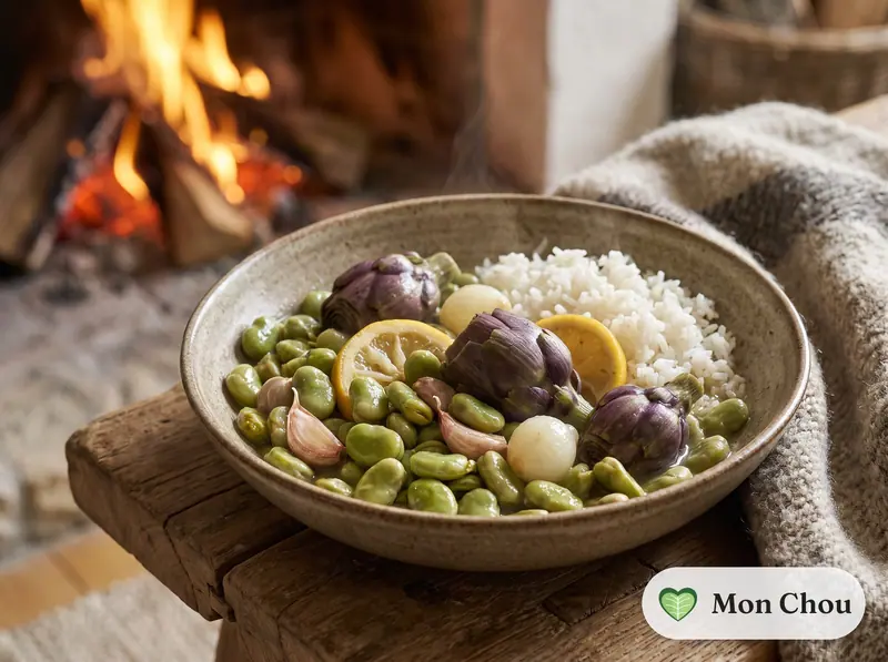 Fèves et artichauts à la provençale et riz