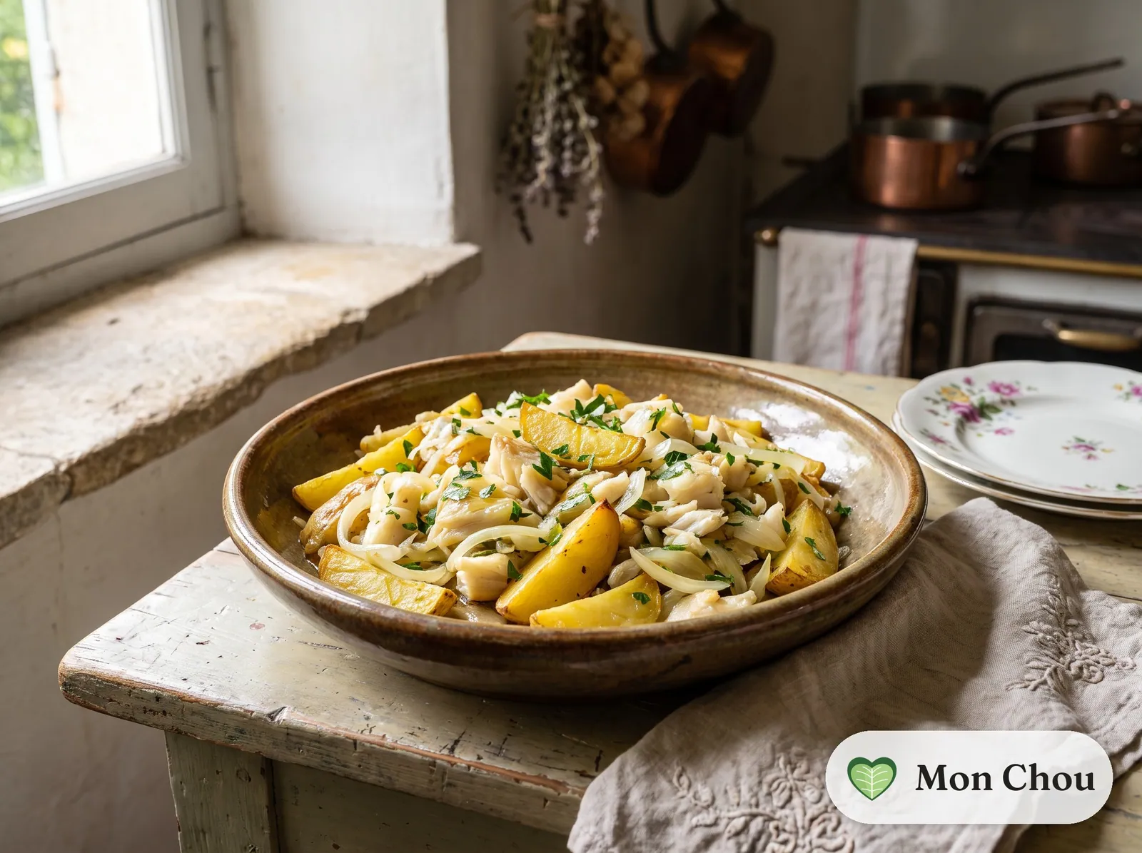 Morue à la lyonnaise et pommes de terre