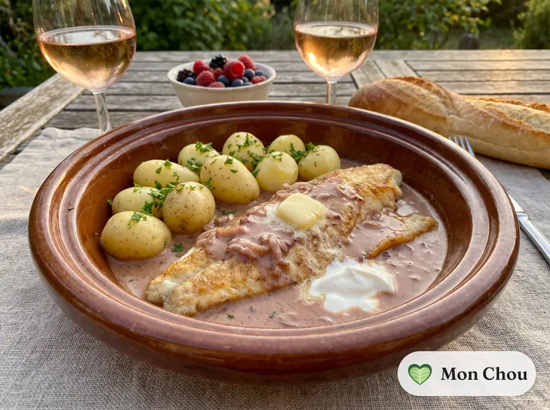 Filets de sandre au beaujolais et pommes vapeur