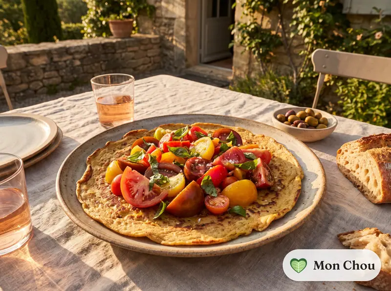 Socca et salade de tomates