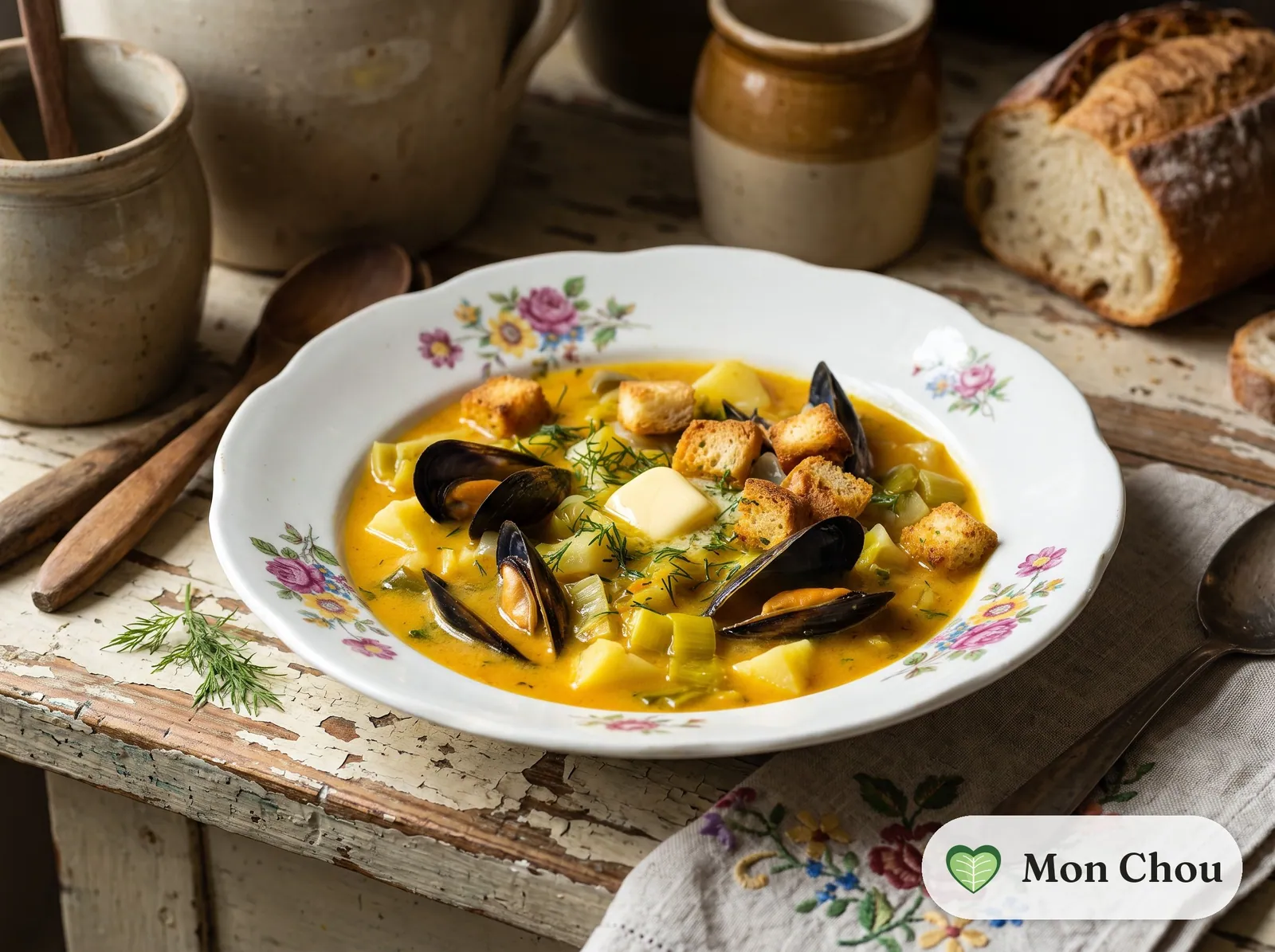 Saffron mussel soup with garlic croutons