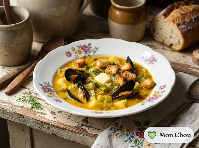 Soupe de moules au safran et croûtons