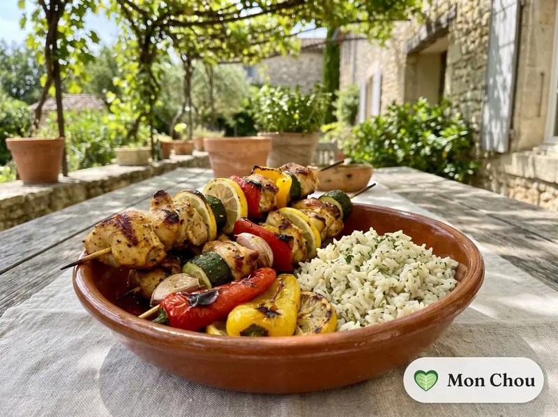 Brochettes de poulet à la provençale et riz