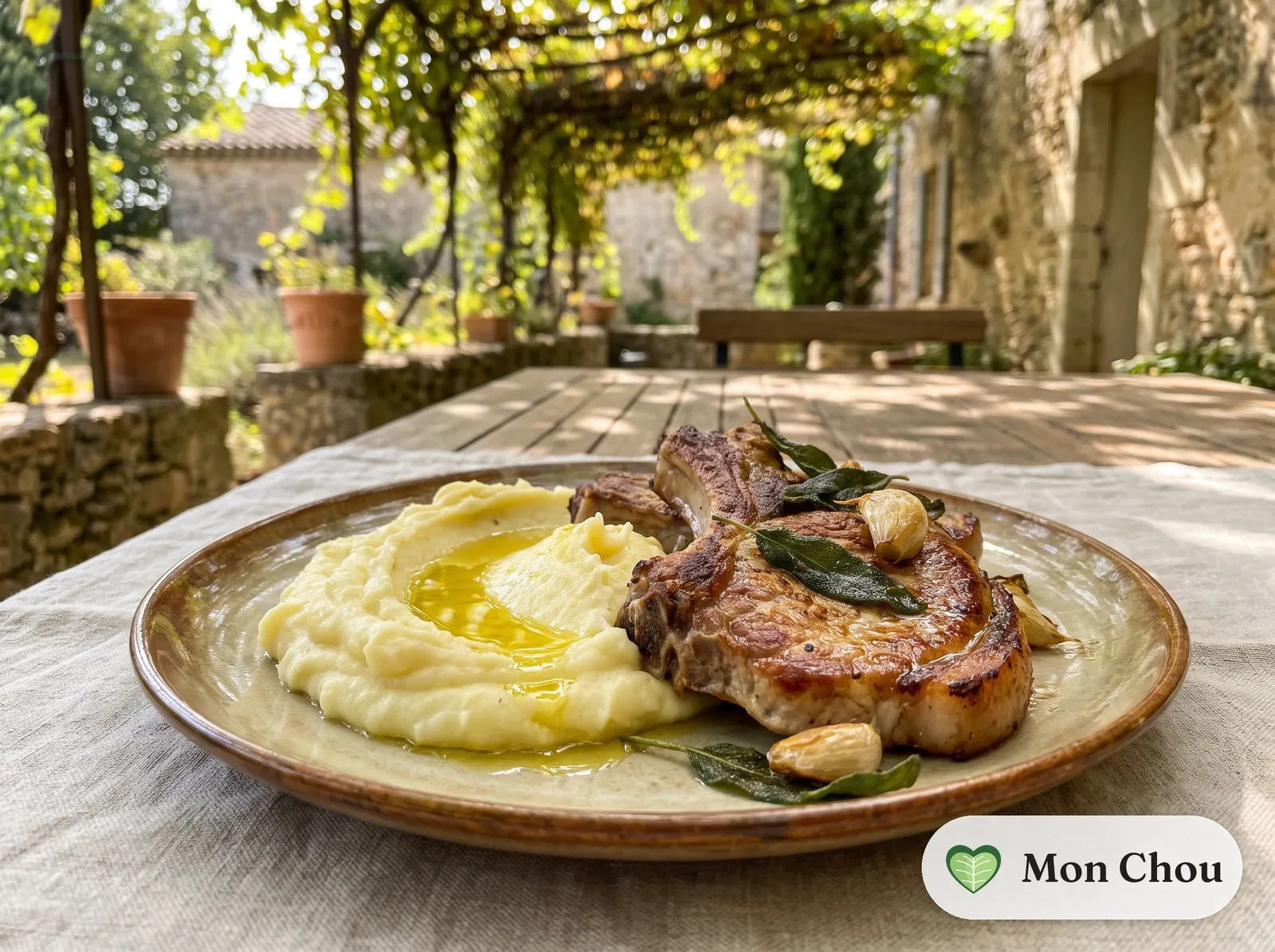 Côtes de porc à la sauge et purée à l&rsquo;huile d&rsquo;olive
