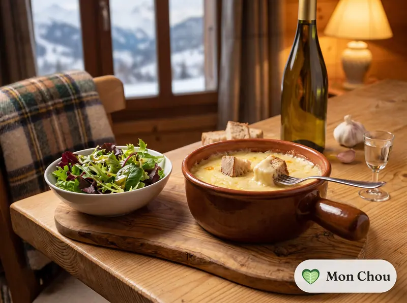 Swiss style Savoyard cheese fondue with green salad