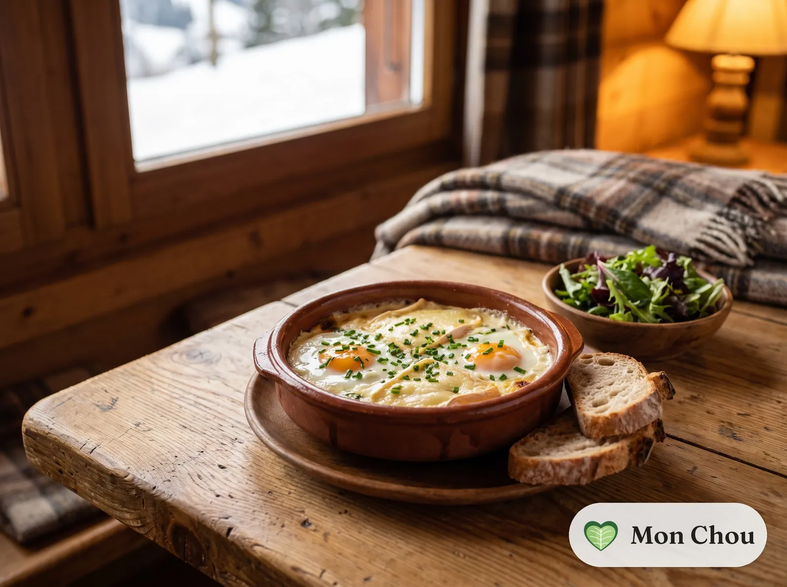 Baked eggs with reblochon and green salad