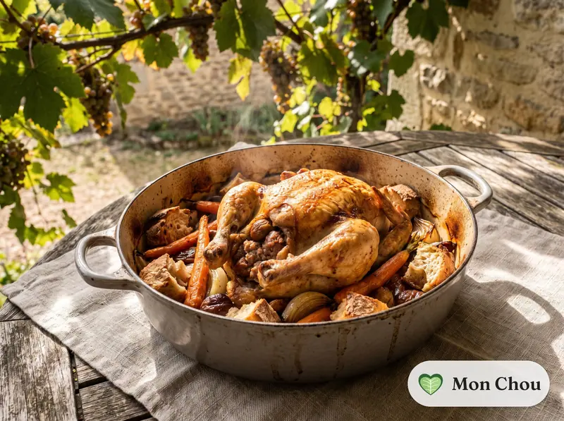 Poulet farci aux châtaignes et légumes rôtis