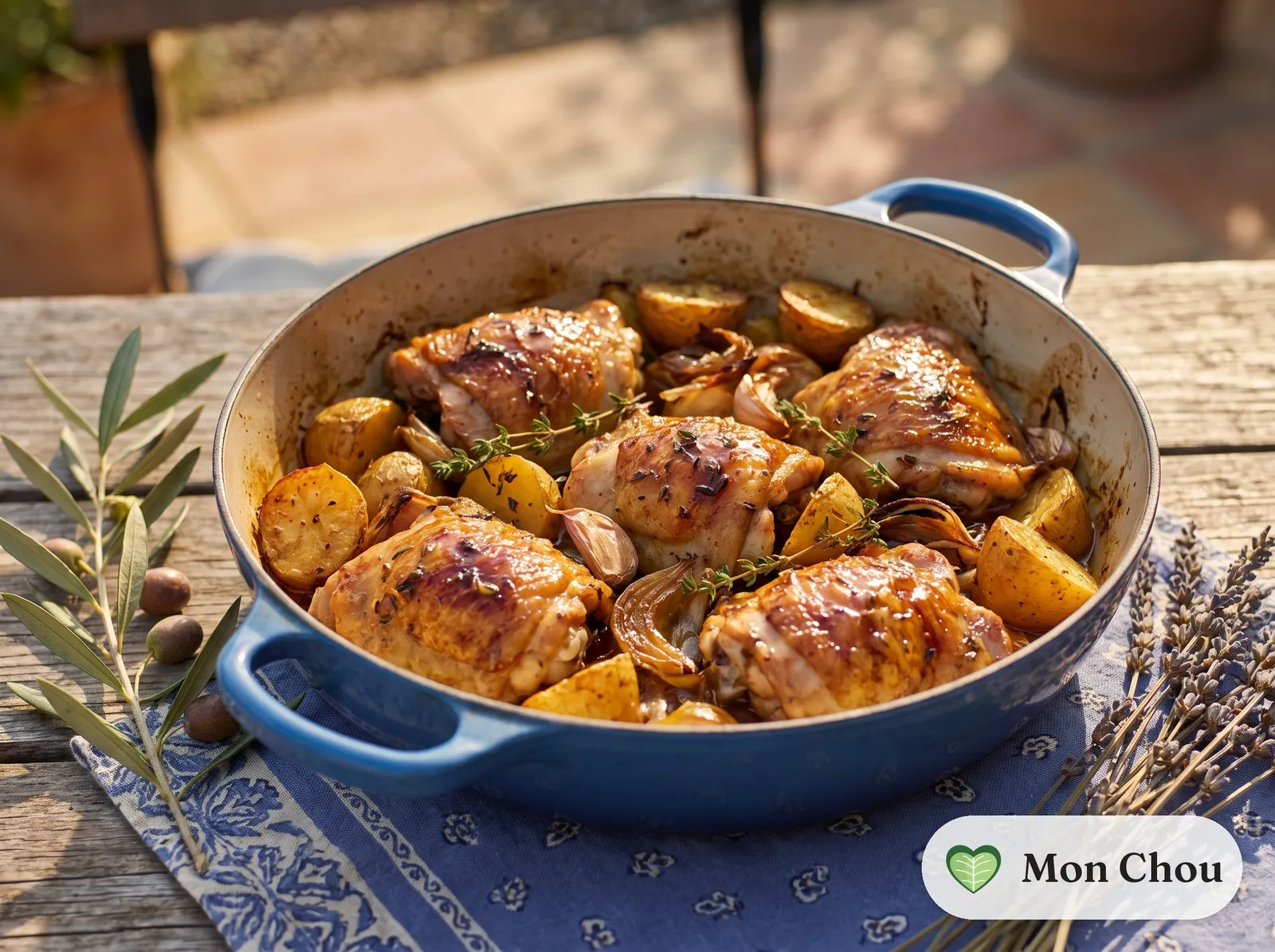 Poulet au miel et au thym et pommes de terre rôties