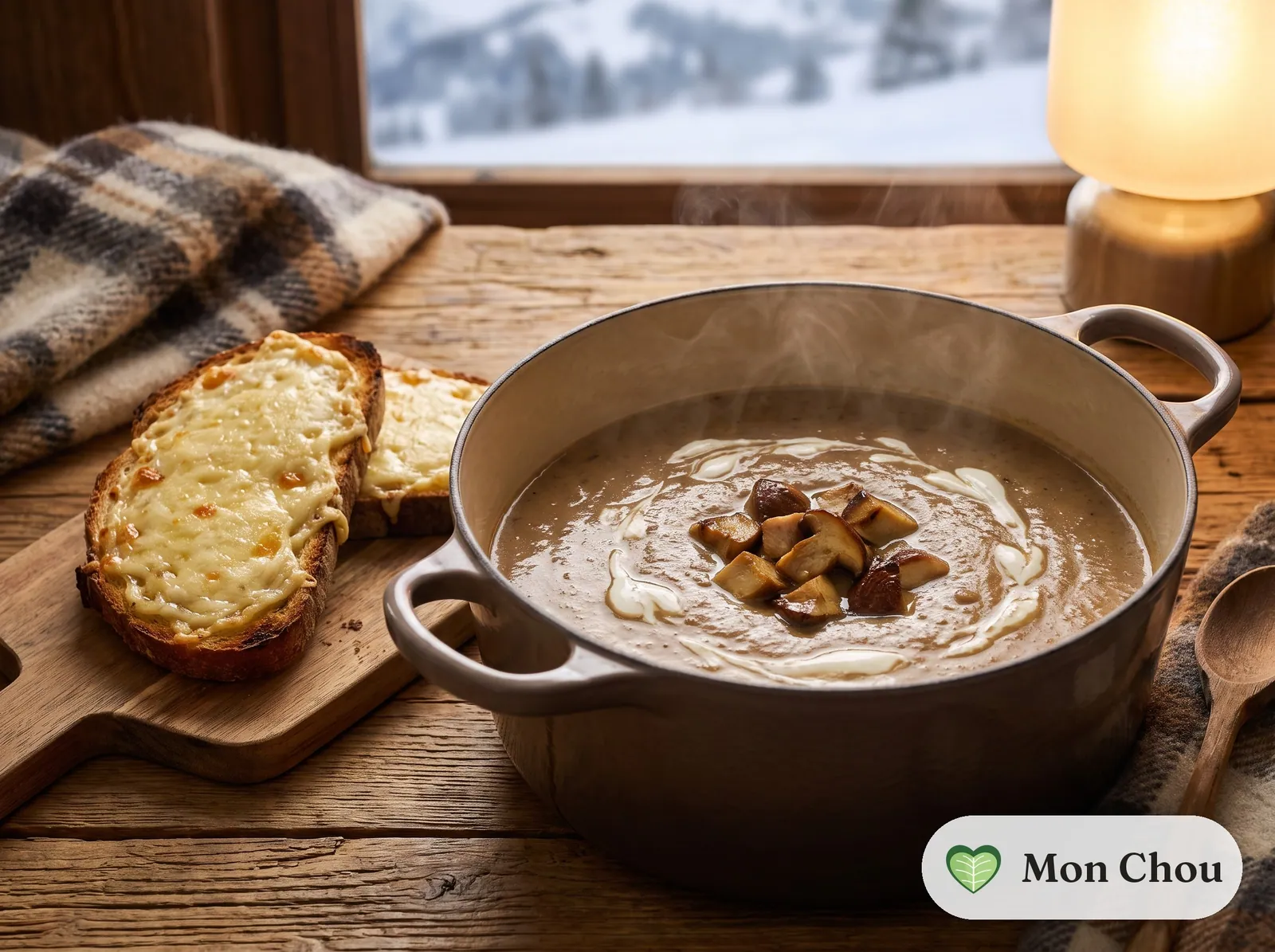 Velouté de cèpes et tartines au fromage