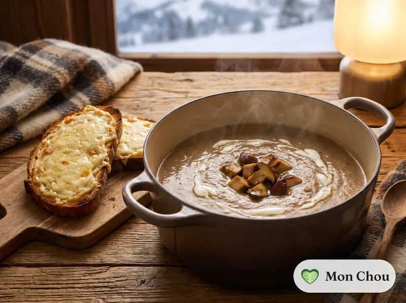 Velouté de cèpes et tartines au fromage