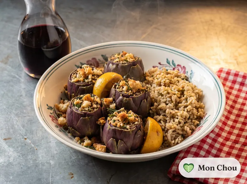 Artichauts farcis à la niçoise et riz