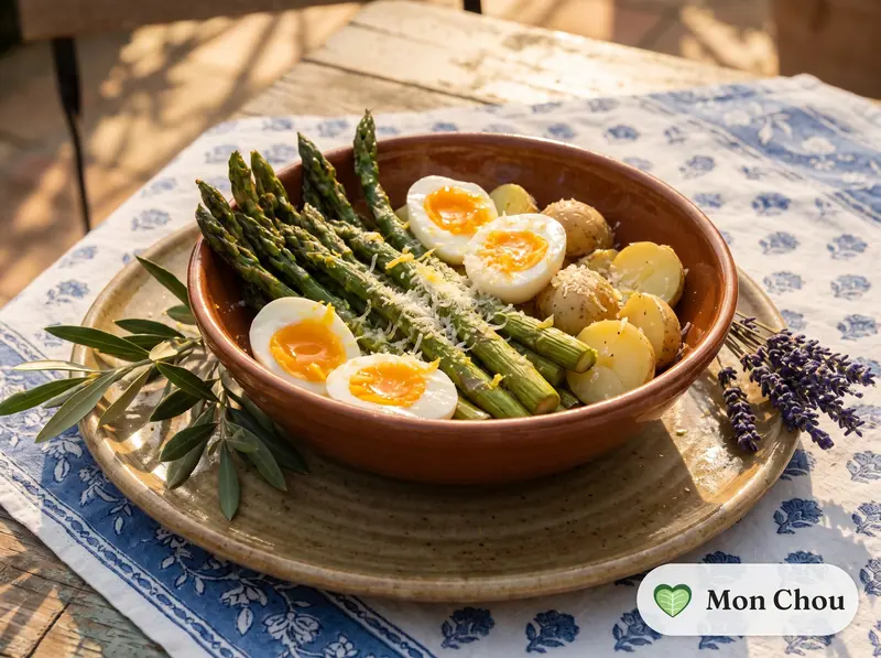 Asperges vertes, œufs mollets et pommes de terre