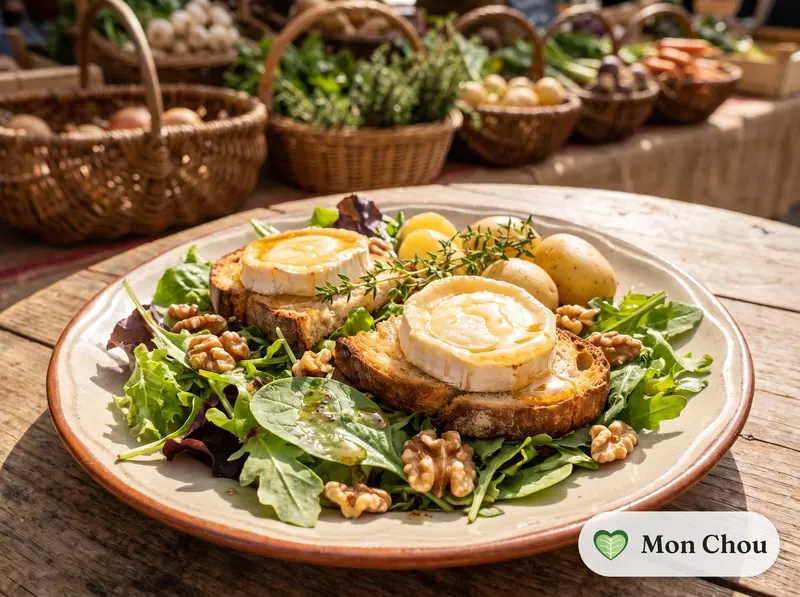 Cabécou rôti au miel et salade aux noix