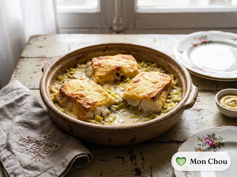 Cabillaud en croûte de comté et fondue de poireaux