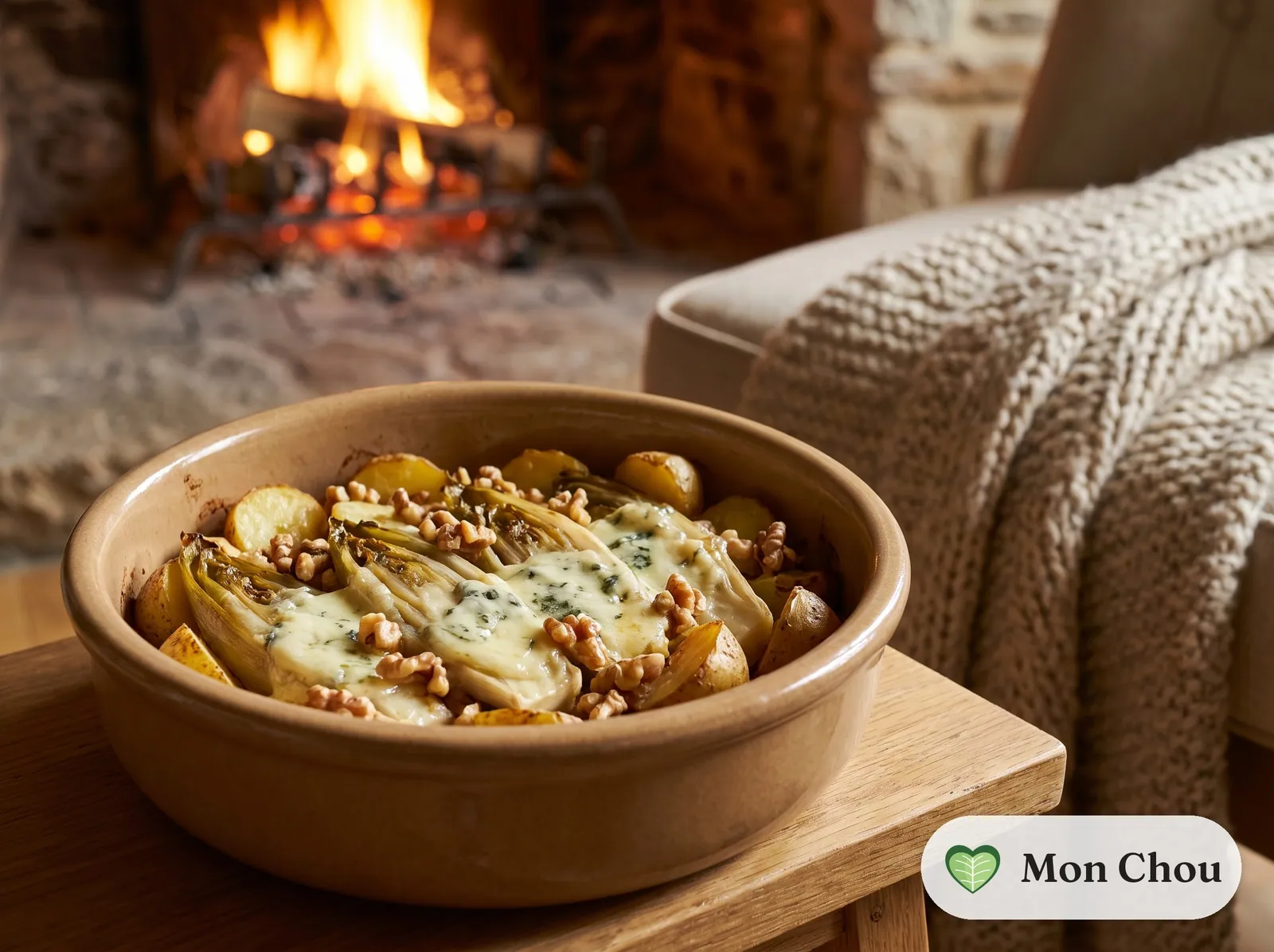 Endives braisées au roquefort et aux noix