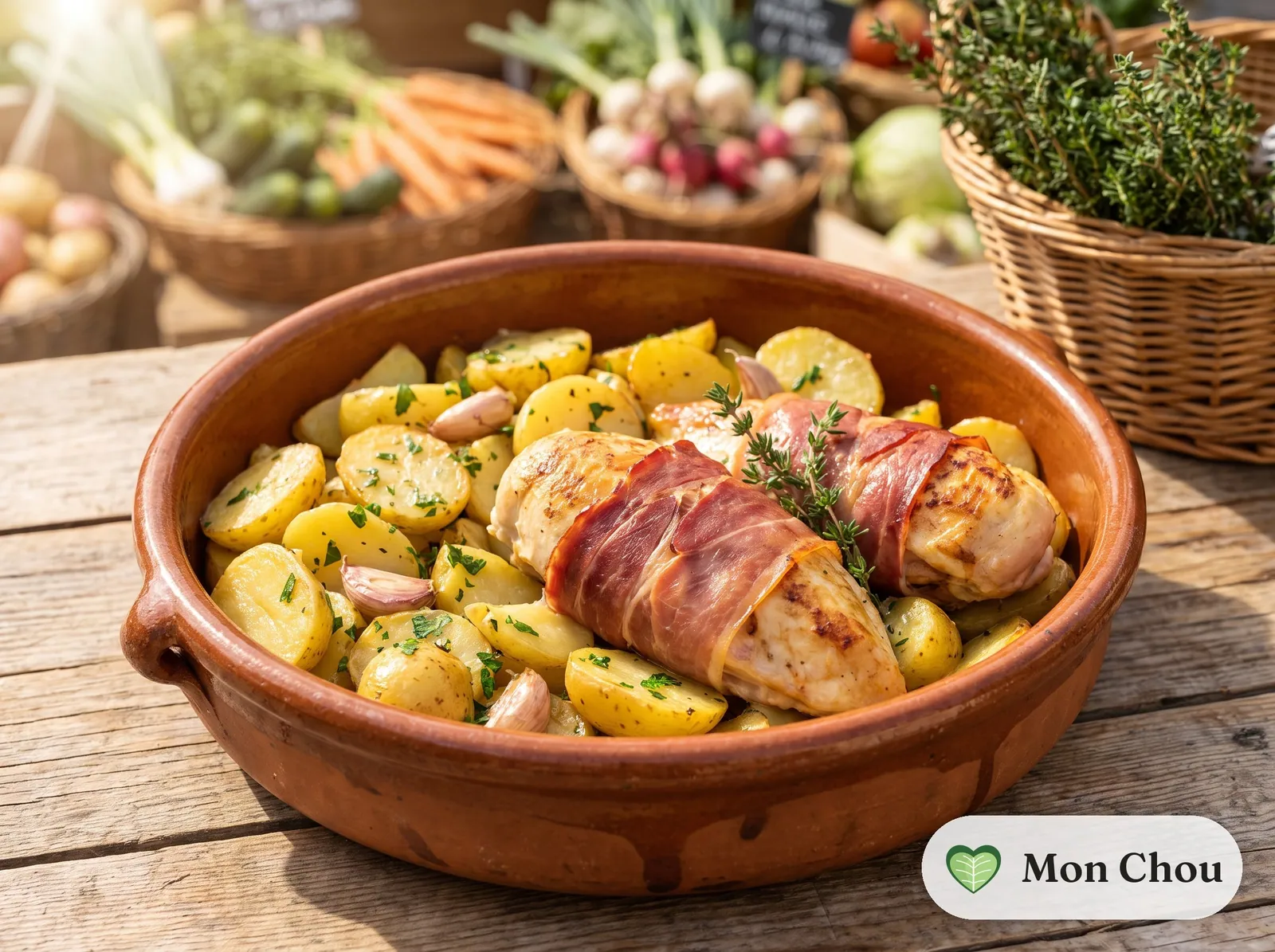 Suprêmes de poulet au jambon de Bayonne et pommes sautées