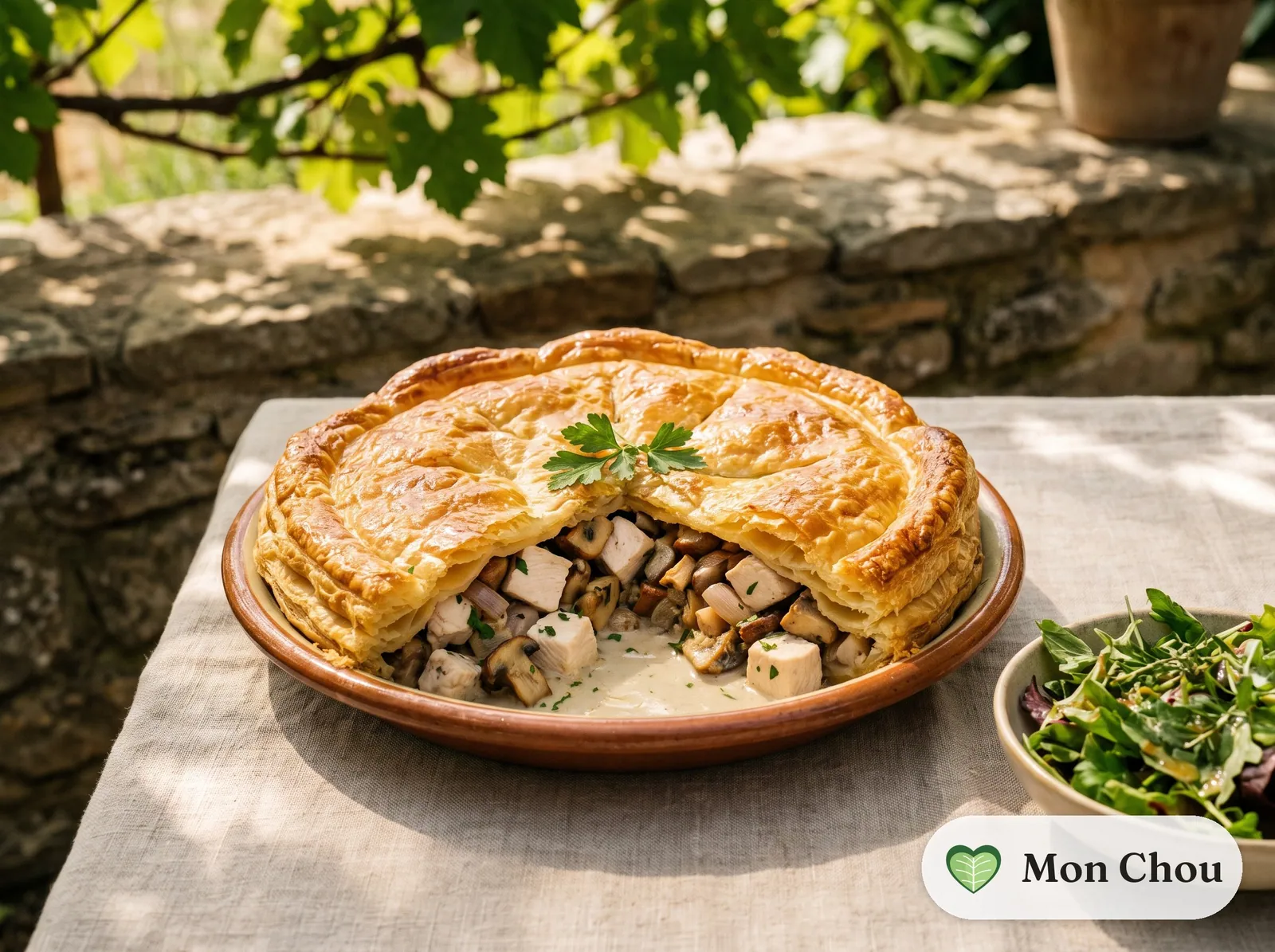 Tourte au poulet et aux cèpes et salade