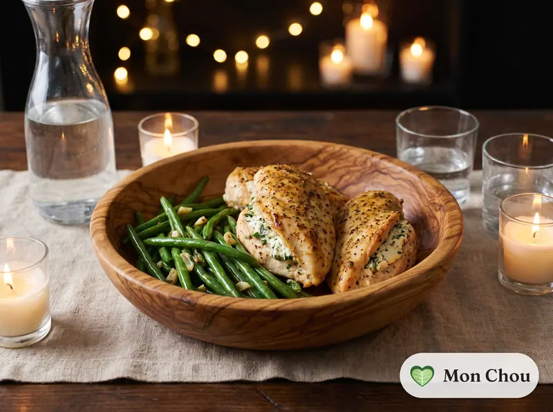 Blancs de poulet farcis au chèvre et haricots verts