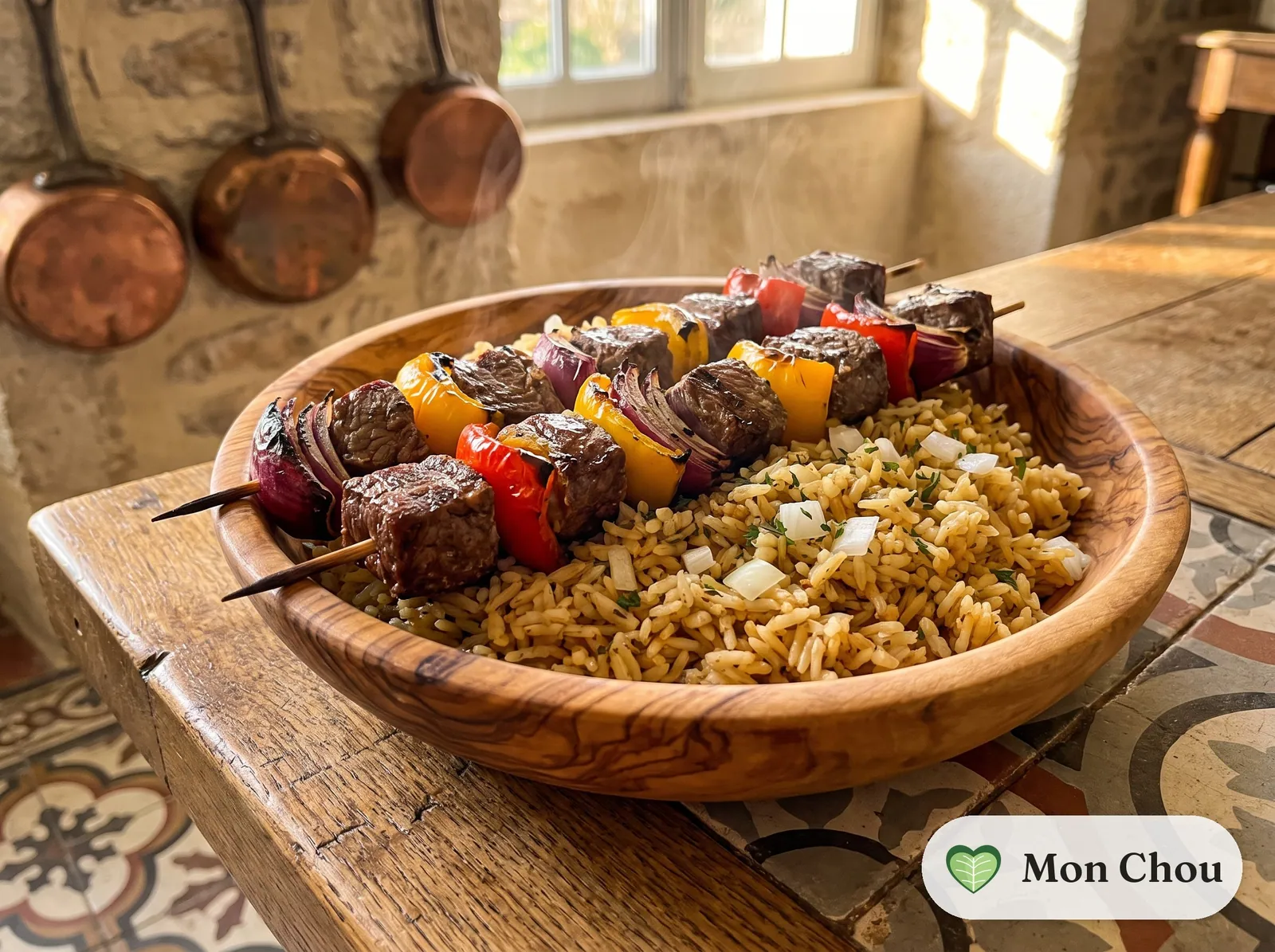 Brochettes de bœuf et riz pilaf