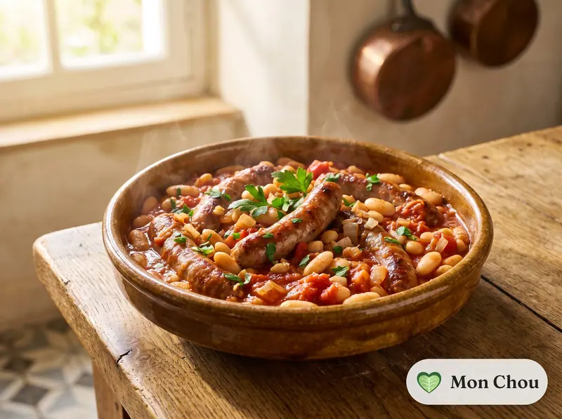Chipolatas et haricots blancs à la tomate
