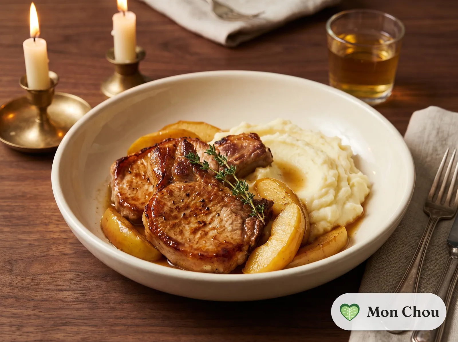 Côtes de porc aux pommes caramélisées et purée