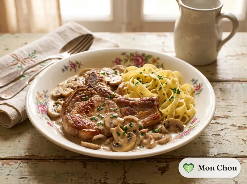 Côtes de veau aux champignons et pâtes fraîches