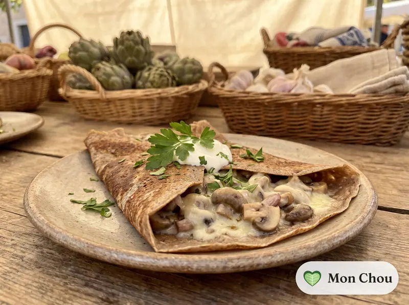 Chestnut flour crepes with mushrooms and tomme cheese