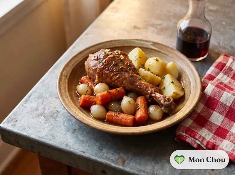 Cuisse de dinde braisée, carottes et pommes vapeur