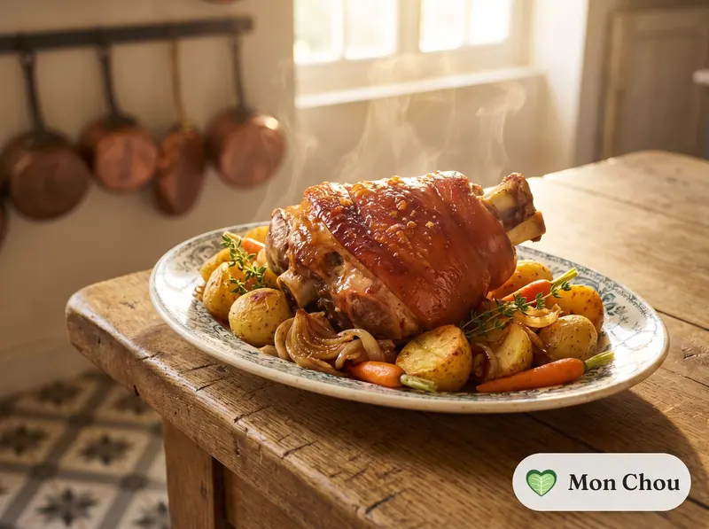 Jambonneau rôti et pommes de terre rôties