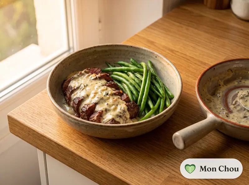 Onglet sauce au bleu et haricots verts