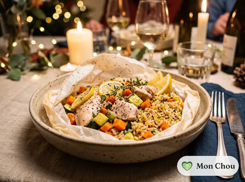 Papillotes de poulet aux petits légumes et riz
