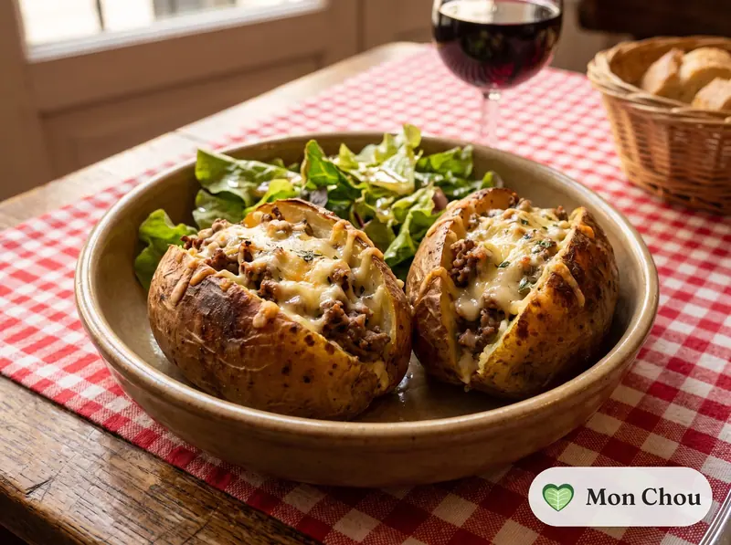Pommes de terre farcies à la viande et salade