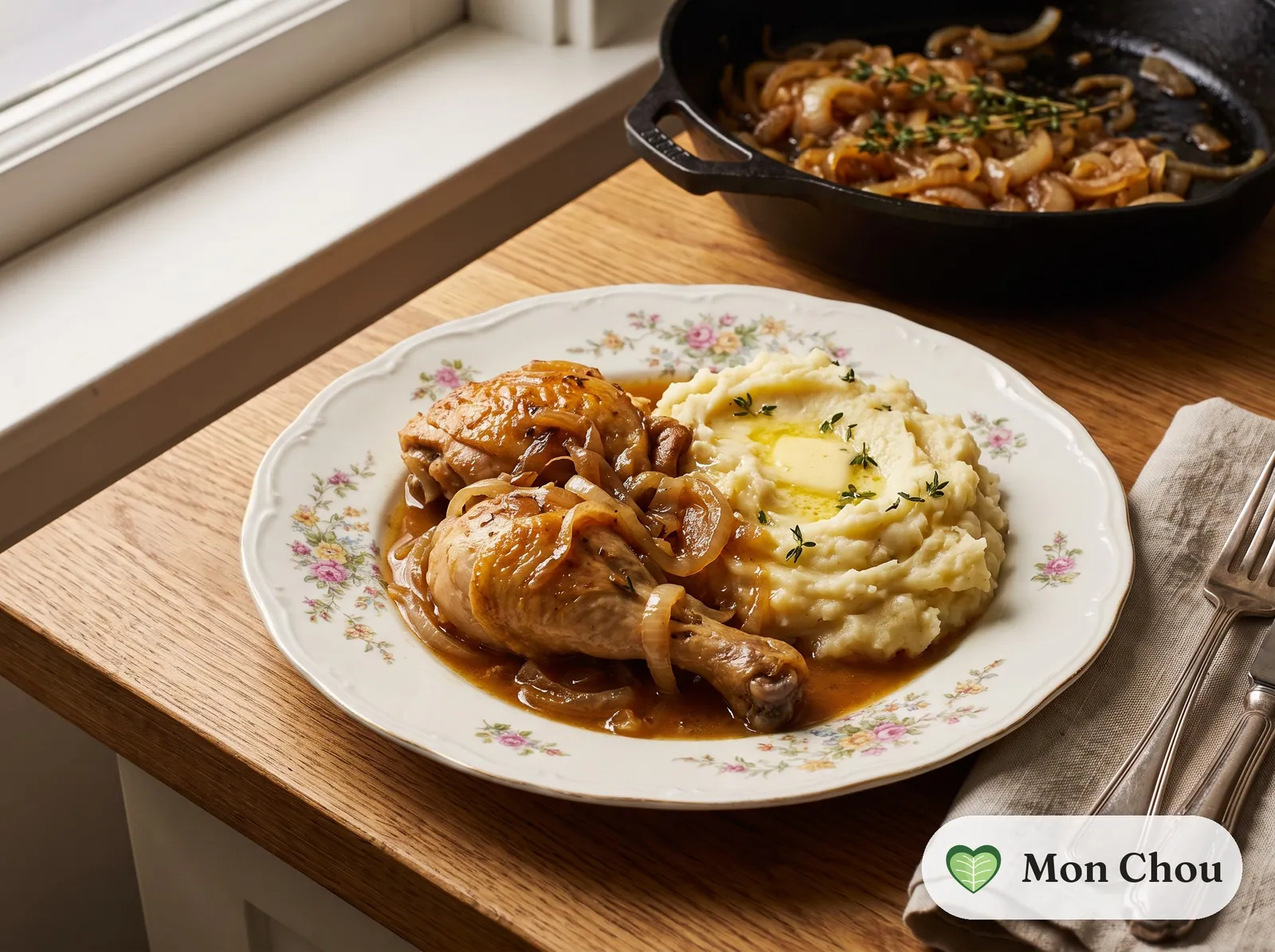 Poulet aux oignons confits et purée