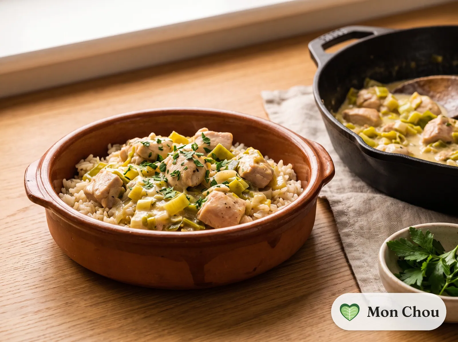 Poulet aux poireaux à la crème et riz