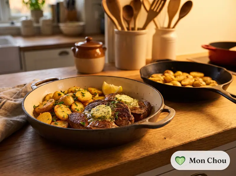 Rumsteck au beurre maître d&rsquo;hôtel et pommes sautées