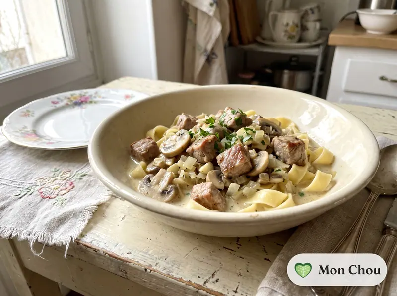 Sauté de porc aux champignons et pâtes