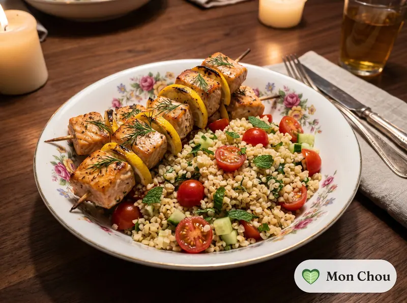 Brochettes de saumon au citron et boulgour